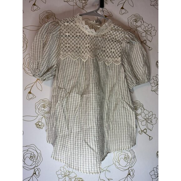 New Anthropologie Mine Womens Shirt  Size Medium White Gray Plaid Lace Neckline - Picture 4 of 8